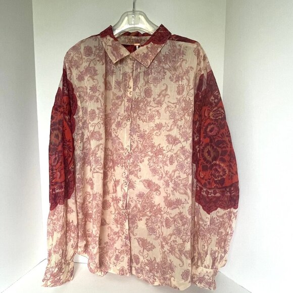 Free People Rose Bud Paisley Cotton Oversized Boho Blouse Red Cream Lightweight - Picture 2 of 14